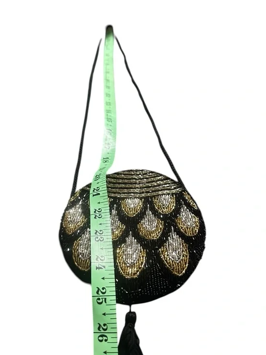 Vintage 90s Black Gold Silver Beaded Tassel Round Mini Purse w/ Rope strap - Picture 4 of 9